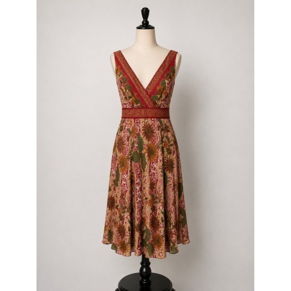Bandolino Floral Batik Print Faux Wrap‎ Midi Dress Red Tan Green Size 14